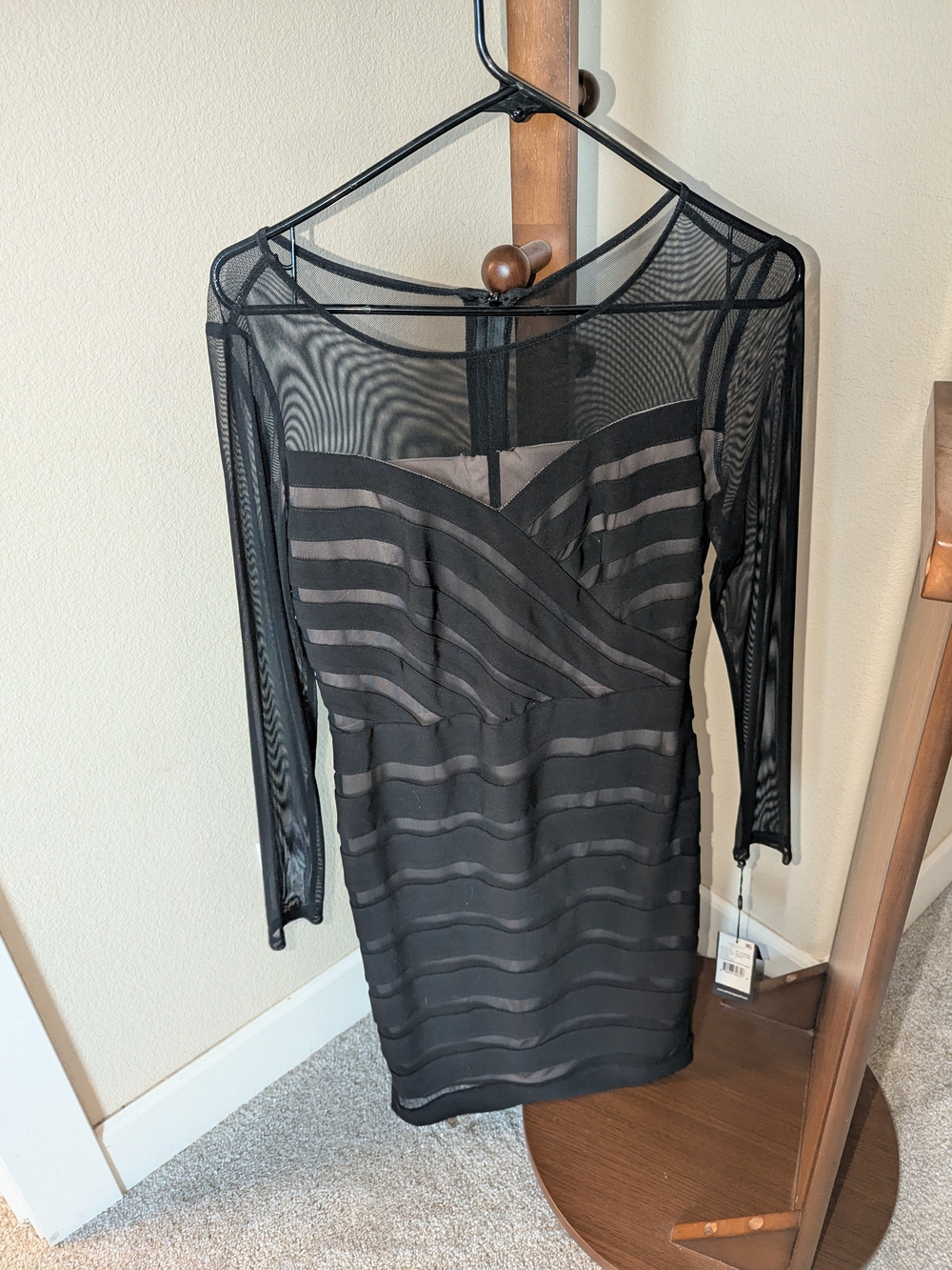 Adrianna Papell Black Sheer-Striped Long Sleeve Bodycon Dress with Mesh Sleeves